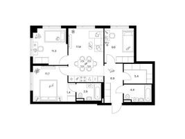 Планировка трехкомнатной(квартира) площадью 72.4 квадратных метров в “ЖК Саларьево парк”