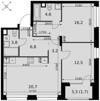 Планировка трехкомнатной(квартира) площадью 69.5 квадратных метров в “ЖК Симоновский вал”