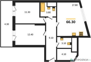 Планировка двухкомнатной(квартира) площадью 66.3 квадратных метров в “ЖК Рассказово”