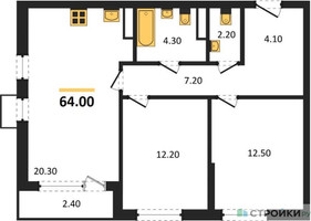 Планировка двухкомнатной(квартира) площадью 64 квадратных метров в “ЖК Прокшино”