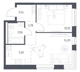 Планировка однокомнатной(квартира) площадью 40.91 квадратных метров в ЖК “ЖК Новое Видное”