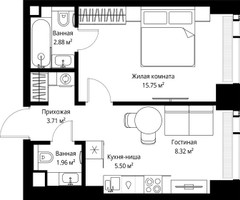 Планировка однокомнатной(квартира) площадью 38.12 квадратных метров в “ЖК Веер”