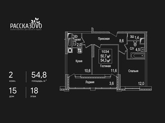 Планировка двухкомнатной(квартира) площадью 54.8 квадратных метров в ЖК “ЖК Рассказово”