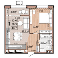 Планировка однокомнатной(квартира) площадью 43.7 квадратных метров в “ЖК Гранд Комфорт”