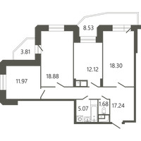 Планировка трехкомнатной(квартира) площадью 89.73 квадратных метров в “ЖК Советская 18”