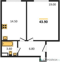Планировка однокомнатной(квартира) площадью 43.9 квадратных метров в “ЖК Архитектор”