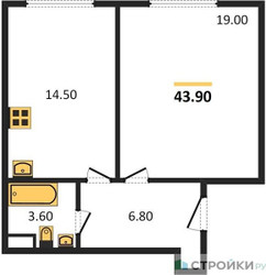 Планировка однокомнатной(квартира) площадью 43.9 квадратных метров в ЖК “ЖК Архитектор”
