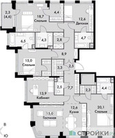 Планировка 4+ комнатной(квартира) площадью 164.5 квадратных метров в “ЖК Sydney City (Сидней Сити)”