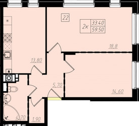 Планировка двухкомнатной(квартира) площадью 54.2 квадратных метров в ЖК “ЖК Бристоль”