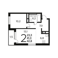Планировка двухкомнатной(квартира) площадью 42.8 квадратных метров в “Новые Ватутинки. Заречный”