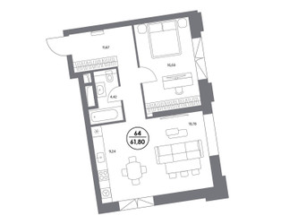 Планировка однокомнатной(квартира) площадью 62.1 квадратных метров в ЖК “ЖК Клубный дом КОСМО 4/22”