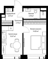 Планировка однокомнатной(квартира) площадью 33.86 квадратных метров в “ЖК Веер”