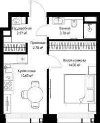Планировка однокомнатной(квартира) площадью 33.86 квадратных метров в ЖК “ЖК Веер”