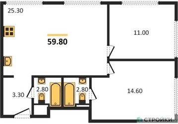 Планировка двухкомнатной(квартира) площадью 59.8 квадратных метров в ЖК “ЖК Wave (Вейв)”