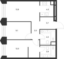 Планировка двухкомнатной(квартира) площадью 53.9 квадратных метров в “ЖК Войс”