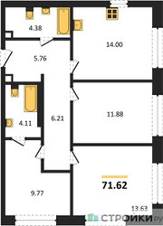 Планировка трехкомнатной(квартира) площадью 71.62 квадратных метров в ЖК “ЖК Sezar City (Сезар Сити)”