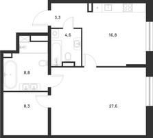 Планировка однокомнатной(квартира) площадью 69.4 квадратных метров в “ЖК Форевиль”