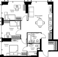 Планировка трехкомнатной(квартира) площадью 84.9 квадратных метров в “ЖК Веер”