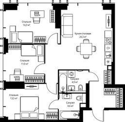 Планировка трехкомнатной(квартира) площадью 84.9 квадратных метров в ЖК “ЖК Веер”