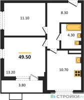 Планировка двухкомнатной(квартира) площадью 49.5 квадратных метров в “ЖК Дзен-кварталы”