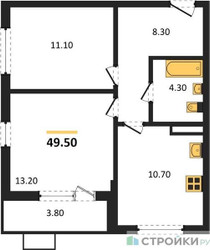 Планировка двухкомнатной(квартира) площадью 49.5 квадратных метров в ЖК “ЖК Дзен-кварталы”