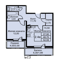 Планировка двухкомнатной(апартаменты) площадью 52.6 квадратных метров в “ЖК Кашинцево”