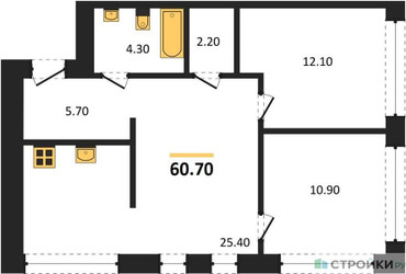 Планировка двухкомнатной(квартира) площадью 60.7 квадратных метров в ЖК “ЖК Дом А”