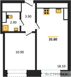 Планировка однокомнатной(квартира) площадью 35.8 квадратных метров в ЖК “ЖК Обручева 30”