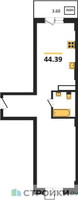 Планировка однокомнатной(квартира) площадью 44.39 квадратных метров в “ЖК Радость (Радумля Парк)”