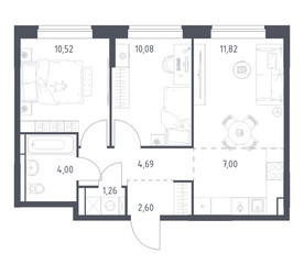 Планировка двухкомнатной(квартира) площадью 51.97 квадратных метров в ЖК “ЖК Богдановский Лес”