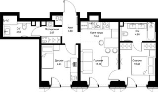 Планировка двухкомнатной(квартира) площадью 52.57 квадратных метров в “ЖК СЕТ”