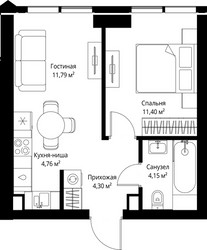 Планировка однокомнатной(квартира) площадью 36.4 квадратных метров в ЖК “ЖК Джойс”