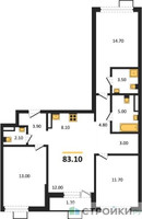 Планировка трехкомнатной(квартира) площадью 83.1 квадратных метров в “ЖК Южные сады”