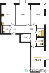 Планировка трехкомнатной(квартира) площадью 78.36 квадратных метров в ЖК “ЖК Мытищи Парк”