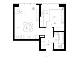 Планировка однокомнатной(квартира) площадью 35.7 квадратных метров в ЖК “Бунинская набережная”