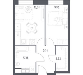 Планировка однокомнатной(апартаменты) площадью 37.71 квадратных метров в ЖК “ЖК Пятницкое 58 (Перец)”