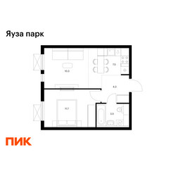 Планировка однокомнатной(квартира) площадью 37.3 квадратных метров в ЖК “ЖК Яуза Парк (Мытищи)”