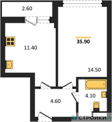 Планировка однокомнатной(квартира) площадью 35.9 квадратных метров в ЖК “ЖК Родные кварталы”