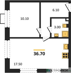 Планировка однокомнатной(квартира) площадью 36.7 квадратных метров в ЖК “ЖК Лучи-2”