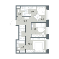 Планировка трехкомнатной(квартира) площадью 56.3 квадратных метров в “ЖК Станиславский”