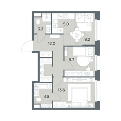 Планировка трехкомнатной(квартира) площадью 56.3 квадратных метров в ЖК “ЖК Станиславский”