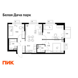 Планировка трехкомнатной(квартира) площадью 69.5 квадратных метров в ЖК “ЖК Белая Дача парк”