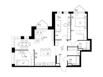 Планировка трехкомнатной(квартира) площадью 92 квадратных метров в ЖК “ЖК Строгино 360”