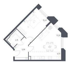 Планировка однокомнатной(апартаменты) площадью 50.63 квадратных метров в ЖК “ЖК Скай Спутник”