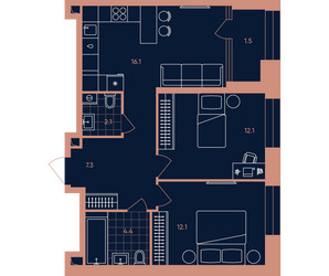 Планировка трехкомнатной(квартира) площадью 58.2 квадратных метров в ЖК “Квартал Эра”