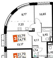 Планировка двухкомнатной(квартира) площадью 54.78 квадратных метров в “ЖК Движение. Говорово”