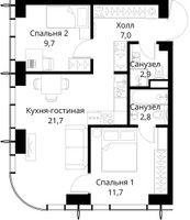 Планировка двухкомнатной(квартира) площадью 55.8 квадратных метров в “ЖК Сити Бэй”