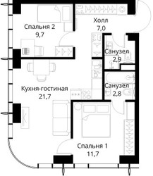 Планировка двухкомнатной(квартира) площадью 55.8 квадратных метров в ЖК “ЖК Сити Бэй”