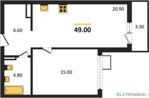 Планировка однокомнатной(квартира) площадью 49 квадратных метров в “ЖК Деснаречье”