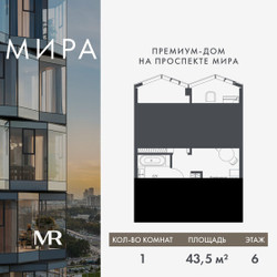Планировка однокомнатной(квартира) площадью 43.49 квадратных метров в ЖК “Дом премиум-класса МИРА”